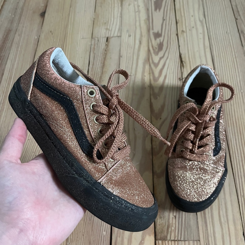 Vans Old Skool Kids Size 2.0 Rose Gold Black Glitter Low Top Skate Shoes